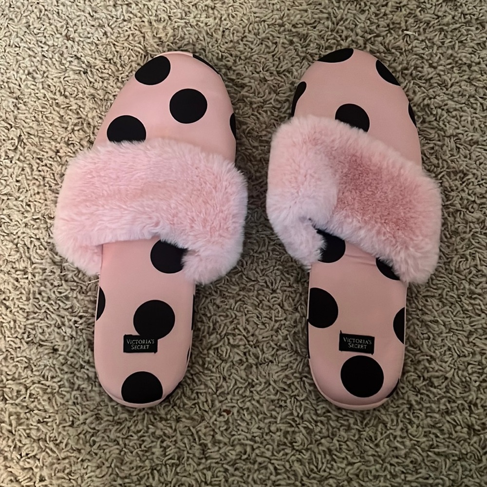 Victoria's Secret Signature Satin Slippers with Faux Fur